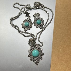 Vintage silver toned steel necklace pendant with chain and earrings